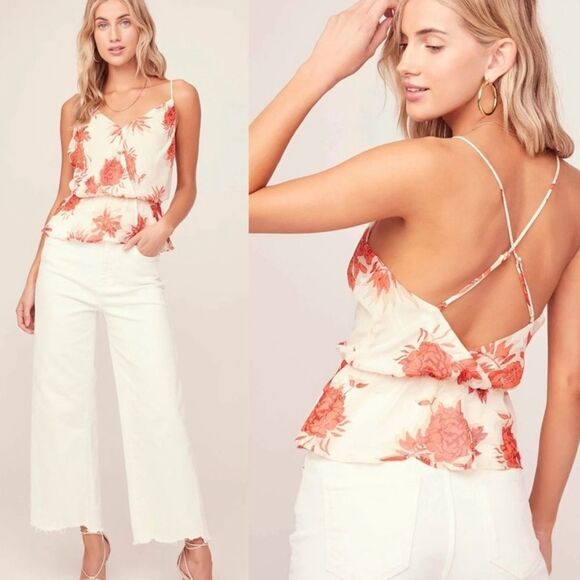 Astr the Label Ivory Strappy Floral Cami Peplum Tank Top- Size XS - Picture 1 of 10